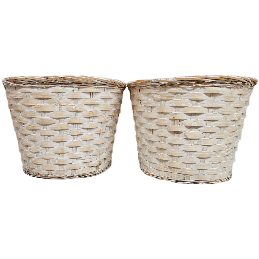 Set of 2 Rustic White Wash‎ Woven Baskets Plant Pot Cover Storage Containers